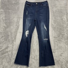 Flamingo Jeans Womens Size XL Flare Bell Bottom Distressed Dark Wash High Rise