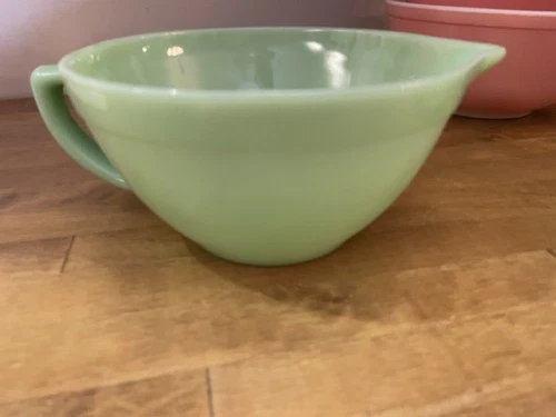 Vintage Fire King Green Jadeite Oven Ware Mixing Batter Bowl with Spout Handle