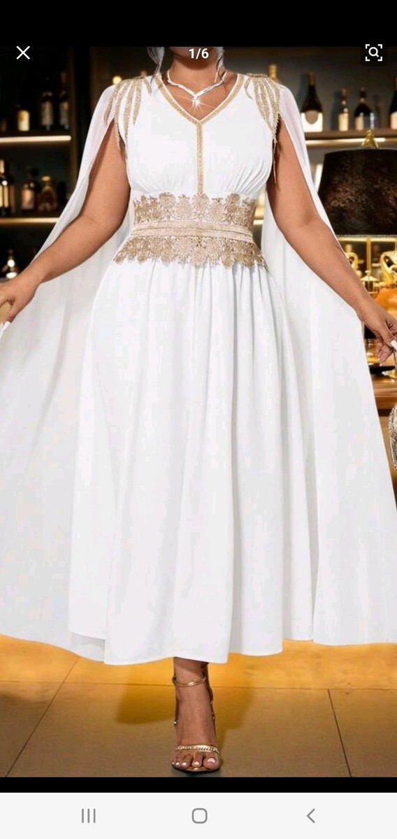 gold grecian style dress Greek Roman Egyptian Costume White with Cape Women's Themed Outfit vt::Dresses::Pattern::Solid