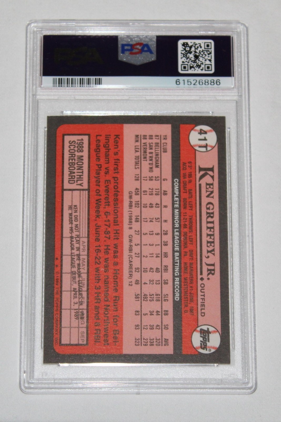 1989 Topps Traded Card #41T KEN GRIFFEY JR. ROOKIE RC Graded PSA 7 NM view 2