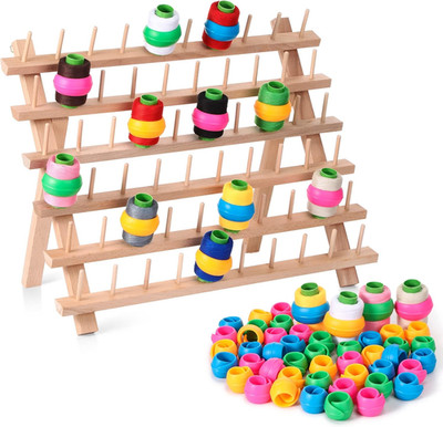 60 Spools Wooden Thread Rack and 48 Pcs Thread Spools Savers/Spool Huggers with