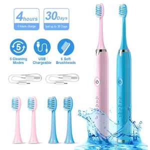 2 Pack Electric Toothbrush Sonic Toothbrush USB Rechargeable 6 Heads 5 Modes