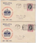 MALAYA 1953 *QEII CORONATION* KELANTAN & PAHANG official FDCs with SINGAPORE cds