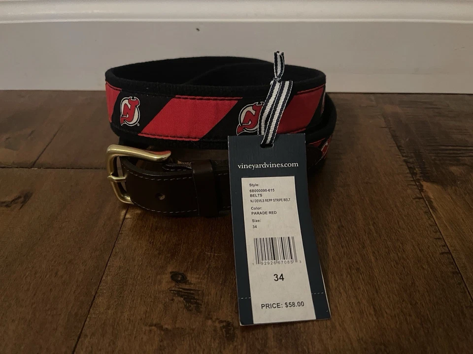Cinturón a Rayas New Jersey Devils NHL Hockey Vineyard Vines - Para Hombre 34 - ¡Nuevo! Foto 3 de 4