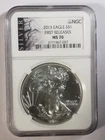 2013 SILVER EAGLE $1 NGC MS 70 FIRST RELEASES WALKING LIBERTY LABEL MINT GEM