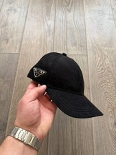 Prada Black Velvet Baseball Cap Tessuto Side Triangle Center Logo Hat