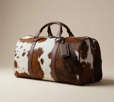 Handmade Genuine Leather Brown White Cowhide Duffel Bag Weekender Travel Bag