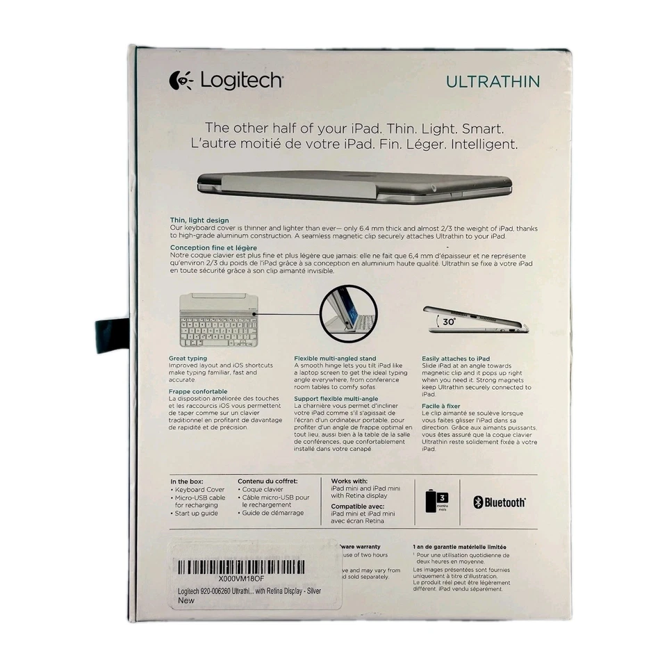 NEW Logitech Ultra thin magnetic clip on keyboard silver cover for Ipad Mini - Image 2 of 4
