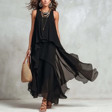 2026 new black sleeveless irregular chiffon long dress with elegant temperament