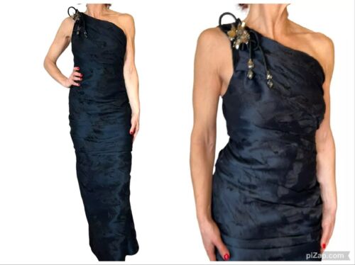 J MENDEL PARIS NAVY RUCHED ONE SHOULDER JEWELED GEM GOWN LONG WIGGLE DRESS 2/4