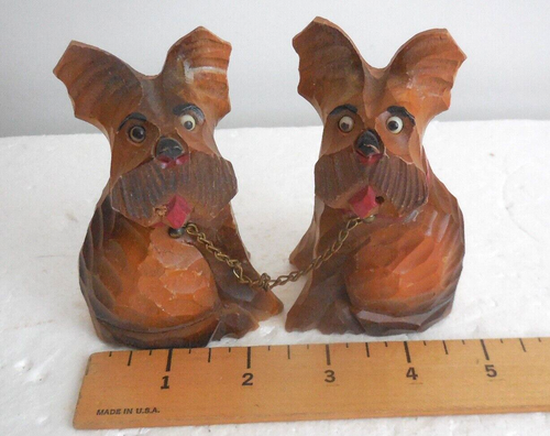 Vintage Wood Hand Carved Scotty Dog Twins Glass Googly Eyes Black Forest Carving - Picture 5 of 10