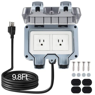 Outdoor Power Outlet, 9.8ft Extension Cord, Weatherproof IP66 Outlet Box