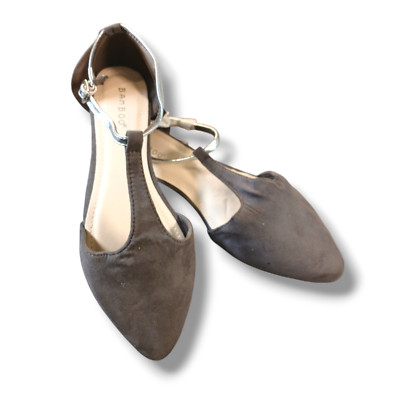 Bamboo Flats Size 8.5 Grey Faux Suede T-Strap Silver Strap Ballet Flat Metallic