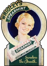 WRIGLEYS SPEARMINT CHEWING GUM GIRL 20" HEAVY DUTY USA METAL ADVERTISING SIGN