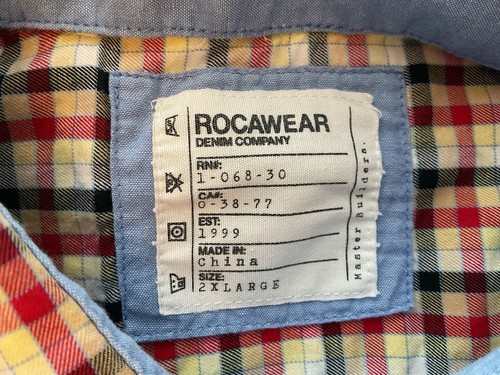 ROCA WEAR Denim Co Red Plaid Patch Embroidered Long Sleeve Button Men Shirt 2XL - Picture 8 of 18