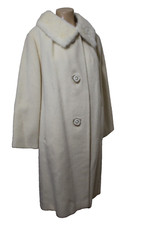 Vtg Stevens Forstmann Cream With Mink Fur Collar Womens Coat L Buttons 1960s