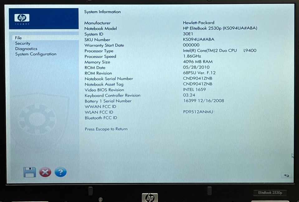 Hp EliteBook 2530p 12.1'' Laptop Core Duo 4GB RAM No HDD Boots/Bios No OS H3134 - Image 2 of 4