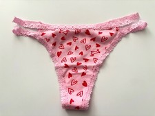 PINK Victoria's Secret Pink Thong Panty Ribbed w/ Hearts Strappy Small S
