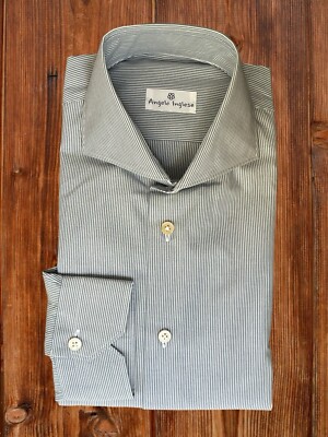 Angelo Inglese Men's Shirt Blue and White Stripes Cotton Hand Sewn Size L 42