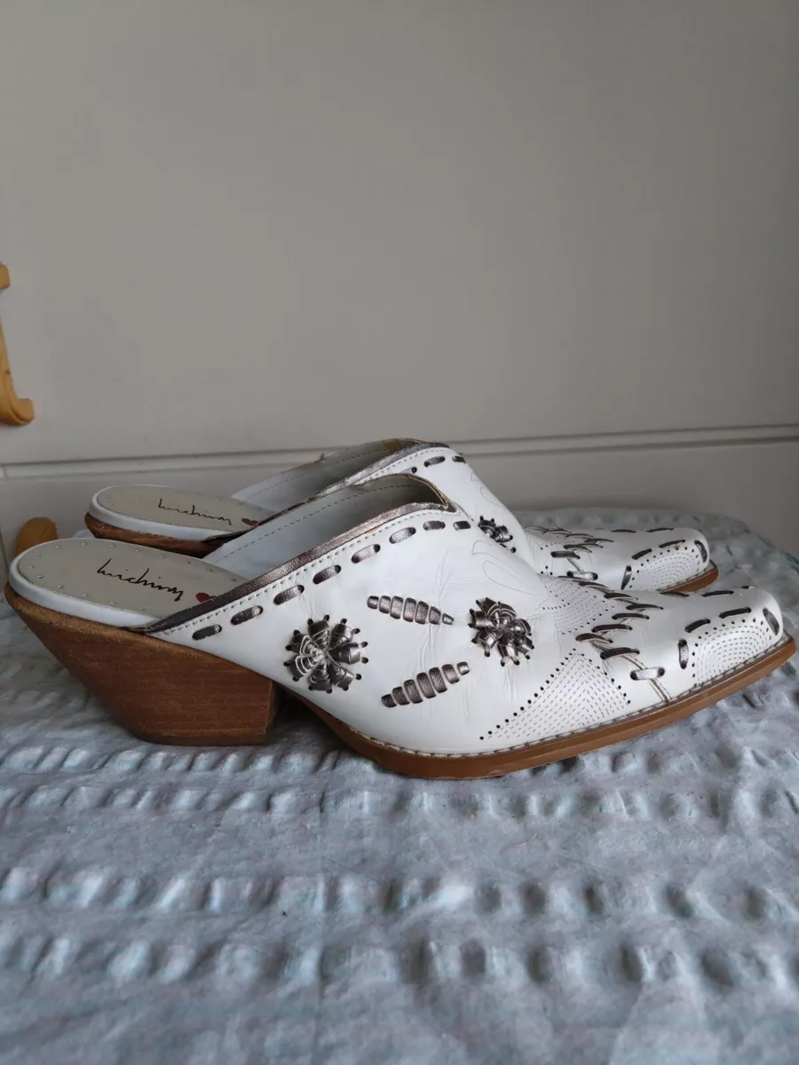 KICHMINNY COWBOY WESTERN MULES WHITE AND SILVER LEATHER UPPER GR.40 UK7 US 9