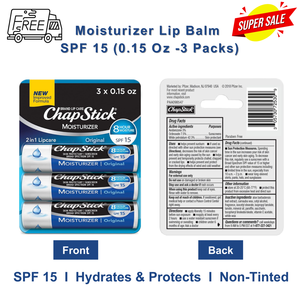 Moisturizer Lip Balm, SPF 15, 0.15oz (3-Pack), Hydrates & Protects, Non-Tinted