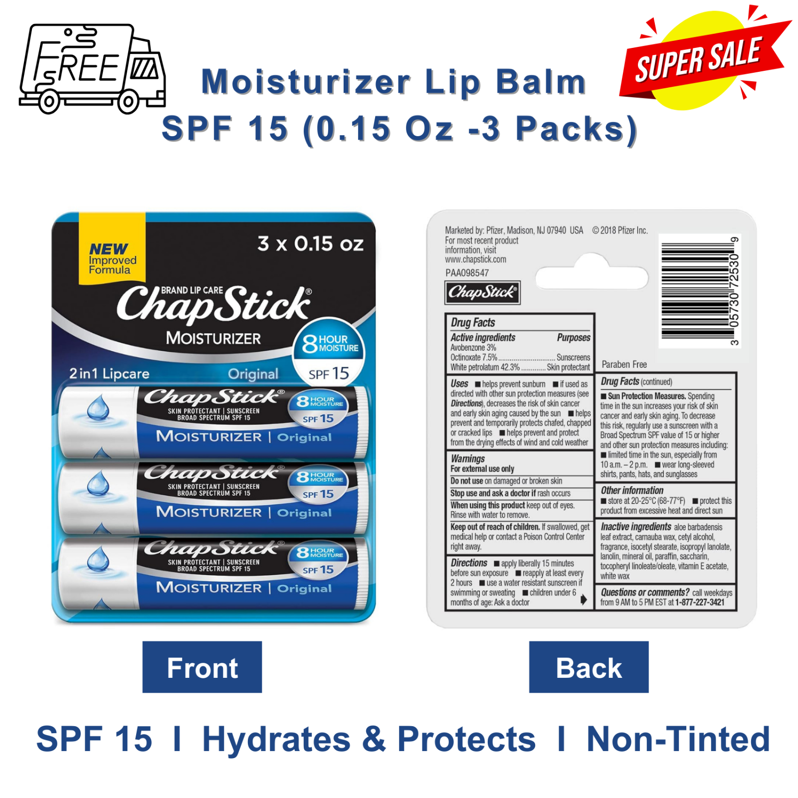 SPF 15 Hydrating Lip Balm 3-Pack – Moisturizing & Protective 0.15oz Each-image