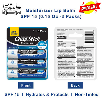 Moisturizer Lip Balm, SPF 15, 0.15oz (3-Pack), Hydrates & Protects, Non-Tinted
