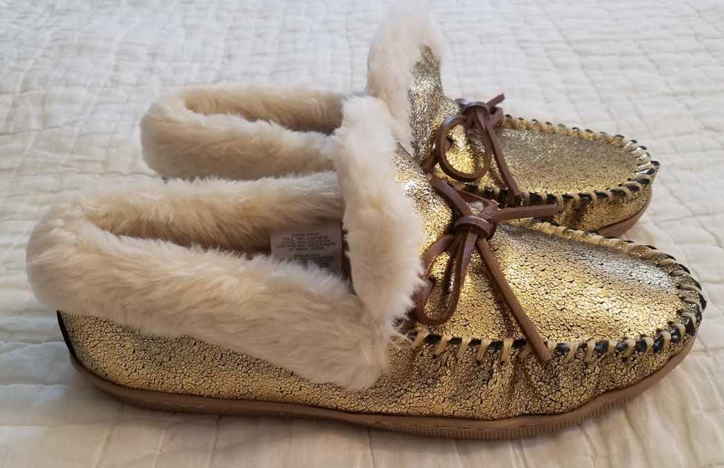 PANTOFOLA D’ORO NUOVE PANTOFOLE MOCASSINI LODGE 6 7 8 J CREW ORO CREPATO SCAMOSCIATO METALLIZZATO