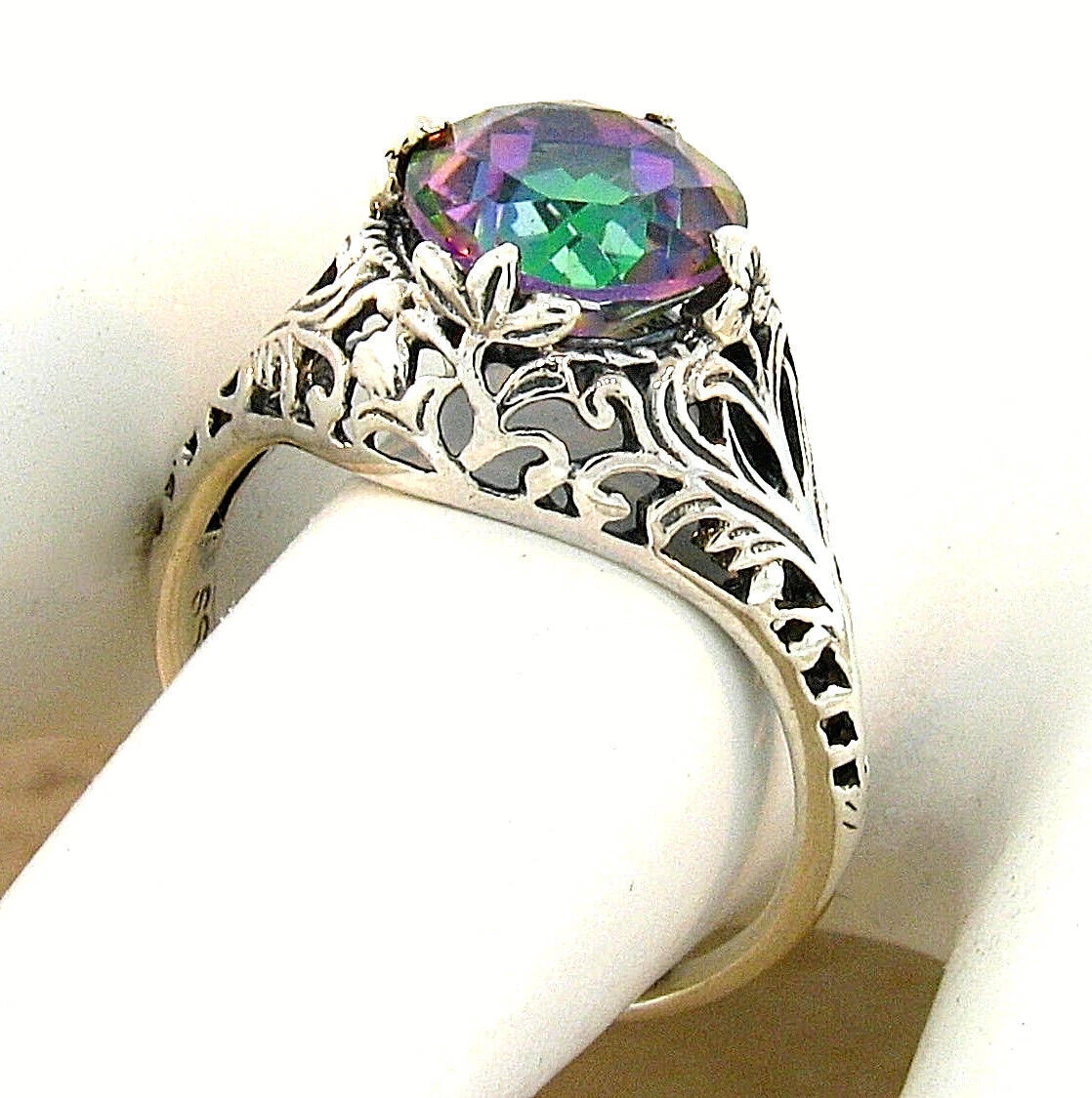 ANTIQUE STYLE RAINBOW MYSTIC QUARTZ 925 STERLING SILVER FILIGREE RING 796