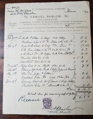 Seltene 1892 SAMUEL BARLOW Dekorateur Klempner Billhead - Staffordshire Potteries