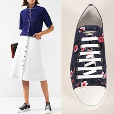 39 NEW $590 MIU MIU Denim Blue FLOWER PRINT W...