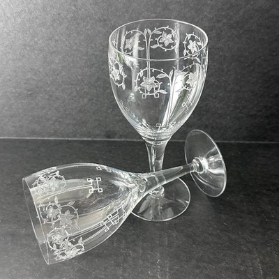 2 Fostoria Etch 212 Stem 863 Blown Glass Goblets Art Deco UV 365 Mag Glow 1910s