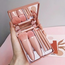5Pcs Portable Makeup Brush Set With Mirror - Foldable Travel Kit Mini Makeup Br