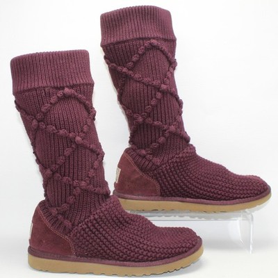 UGG Australia Argyle Knit Boots Burgundy Wine Rare Discontinued Style Size 8