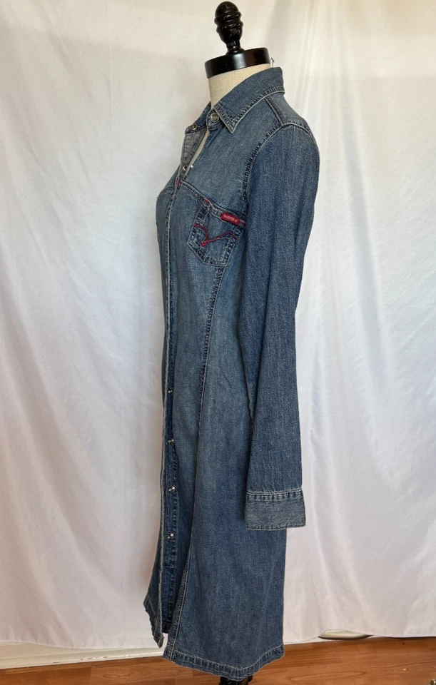 VTG Guess Western Denim Snap Front Midi Long Sleeve Dress M Stretchy Y2K - Image 4 of 4