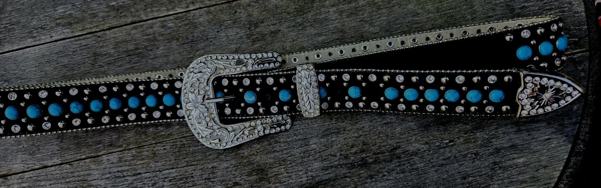 NWT Western Black Glitter and Turquoise Rhinestone Studded Belt Beltiscool Cowboy Cowgirl Western Rhinestone Leather Belt  main image 2