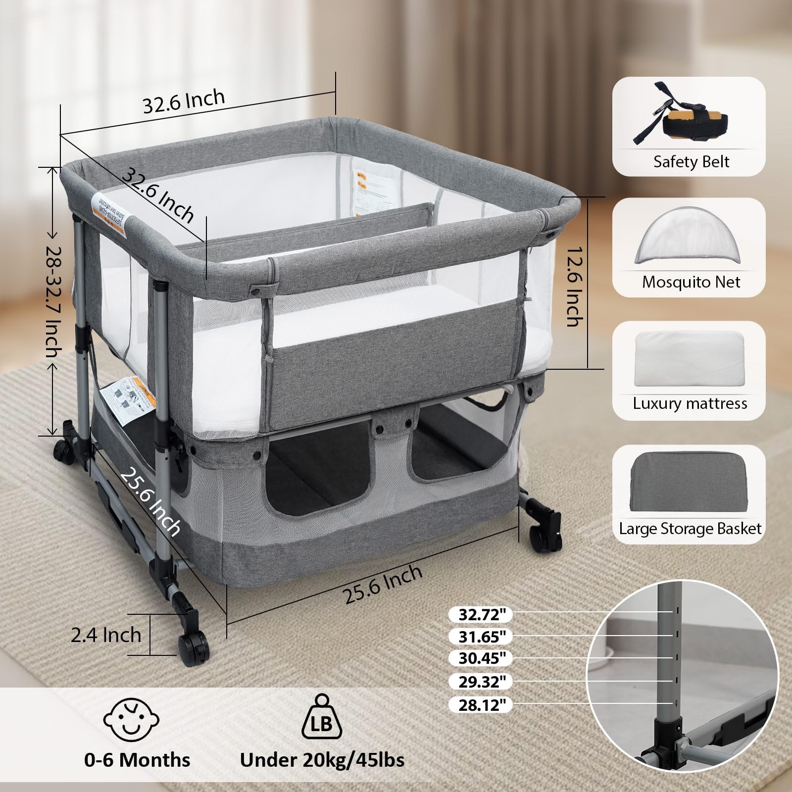 Twin Bassinet for 2 Babies, 3 in 1 Bedside Baby Bed, Rocking Bassinet with Wh...