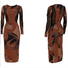House of CB Cassidy Brown Print Abstract Mesh Long Sleeve Midi Dress Size M