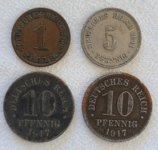 lot of 4 Germany coins from the German Empire era - 1, 5 and 10 pfennig