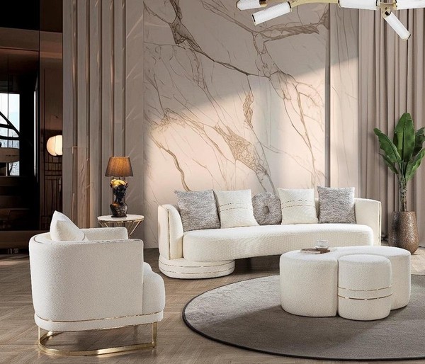 Stilvolles WeißEs Wohnzimmer-Set 3+1-Sitzer-Sofa Und Sessel 2 Teile-image