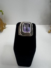 Vintage Sterling Silver Emerald Cut Amethyst Ring Sz 7 Bold Statement Signed CA