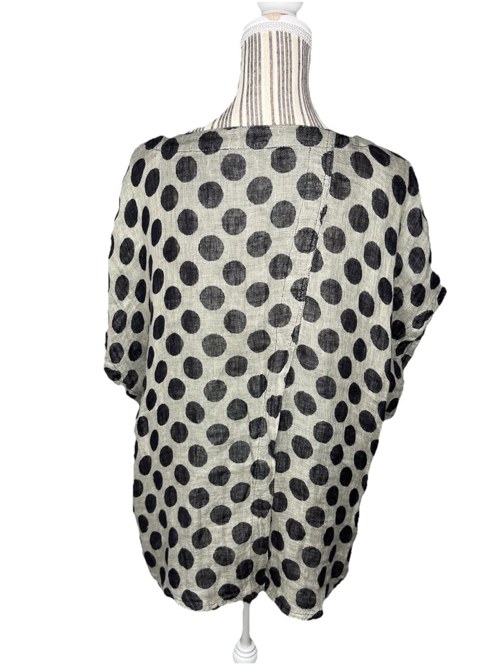 FLAX Beige Black Polka Dot Linen Back Slit Shirt Size SMALL DRY CLEANED ONLY — 第 2/4 张图片