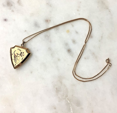 Vintage 12K Gold Filled Shield Locket Victorian Style Engraved Pendant Necklace
