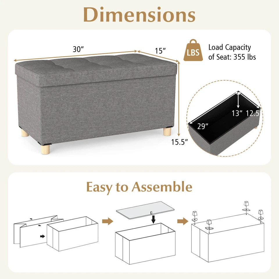 2PCS 30” Storage Ottoman Bench w/Tray Rubber Wood Legs for Small Space Entryway - Image 2 of 4