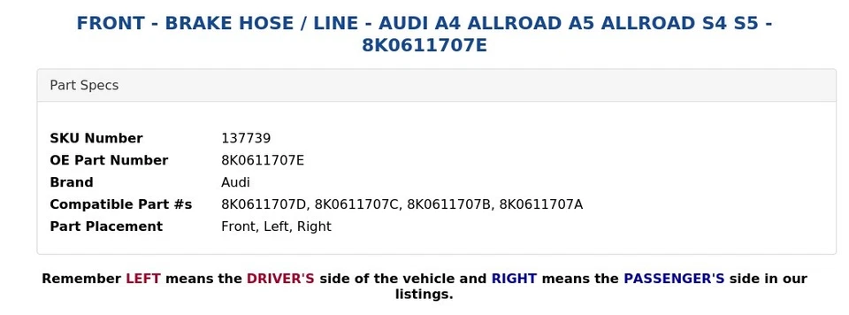 DELANTERO - MANGUERA DE FRENO / LÍNEA - AUDI A4 ALLROAD A5 ALLROAD S4 S5 - 8K0611707E Foto 4 de 4