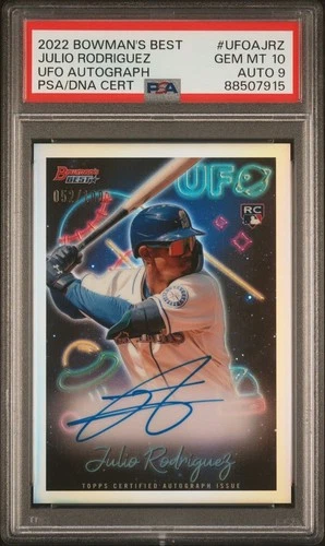 2022 Bowman’s Best UFO Julio Rodriguez On Card Refractor Auto /100 PSA 10 Auto 9