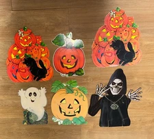 6 VTG Halloween Wall Paper Die Cut Out Skeleton Pumpkin Black Cat Ghost MCM Lot