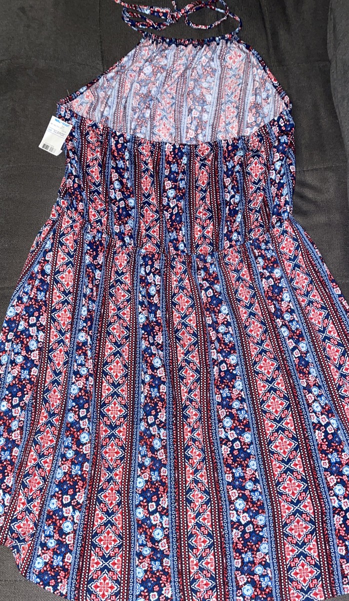 No Boundaries Juniors Printed High Neck Halter Dress*Red Combo*Size  XL(15/17) | eBay