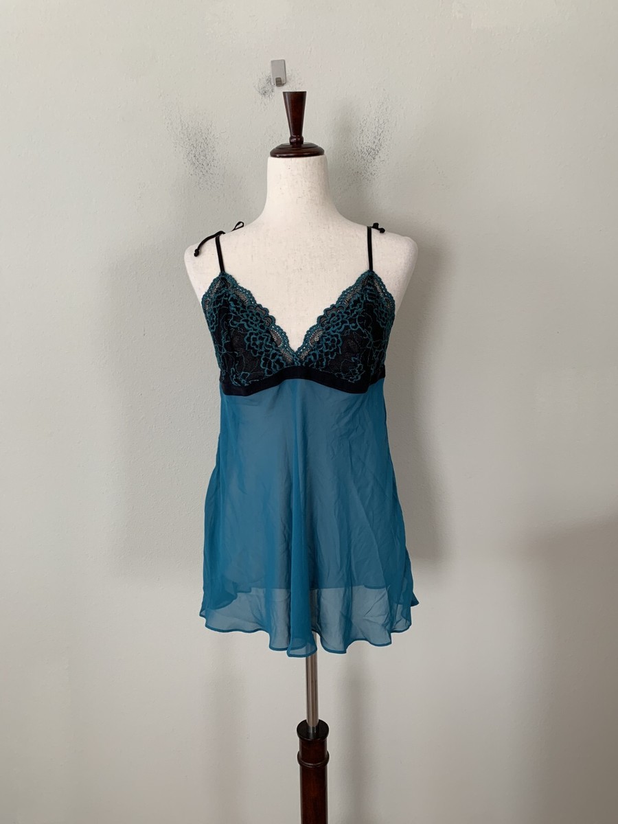 NEW! Linea Donatella Sz L Teal Sheer Babydoll Chemise Nightgown