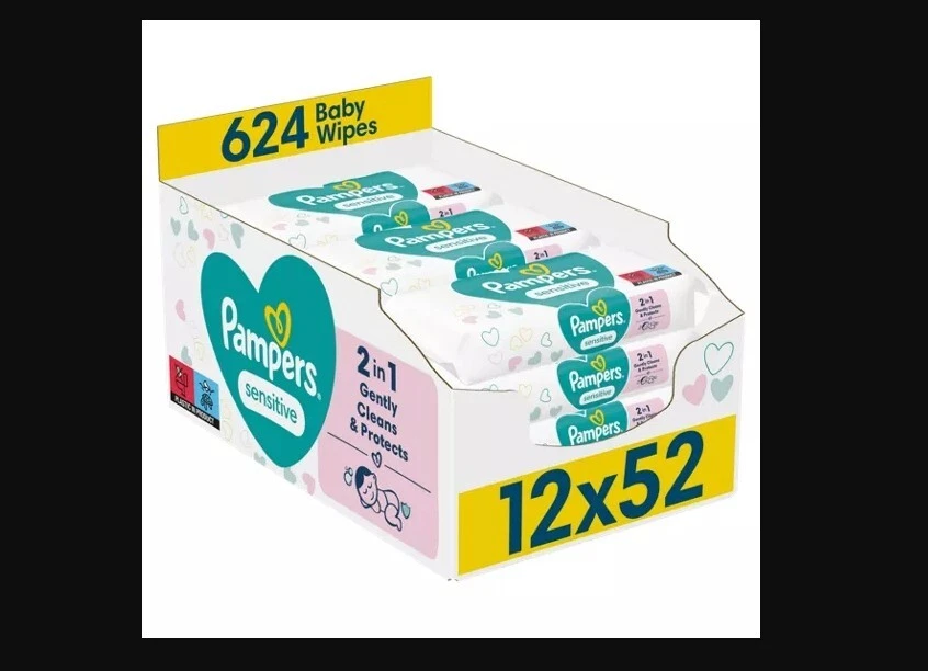 624x Pampers Baby Wipes Sensitive Full Box 12x52s 2in1 Gently Cleans & Protects